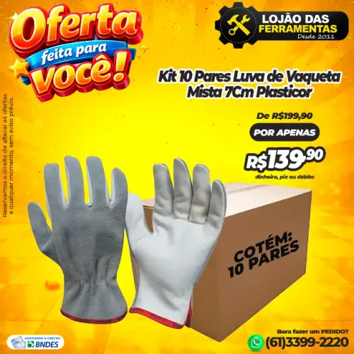 Kit 10 Pares Luva de Vaqueta Mista 7Cm Plasticor