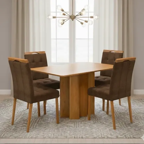 Conjunto Mesa Aurora 120 Cinamomo com 4 Cadeiras Estofadas Marrom