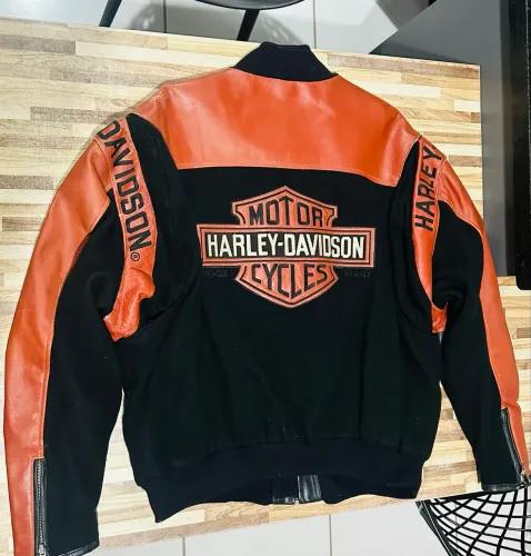 Jaqueta Harley Davidson preta e laranja, couro com tecido, tamanho XL