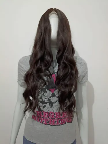 Peruca Lace Wig Ondulada Castanho Claro 60 cm Bio Fibra Macia Igual Cabelo Humano