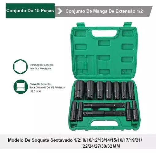 Kit soquetes longo de impacto 1/2