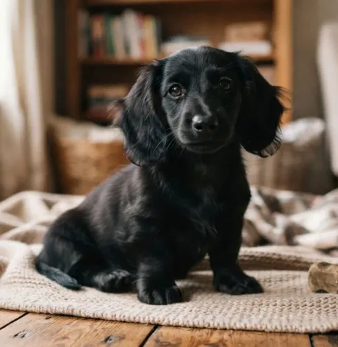 Filhote Fêmea de Basset dachshund Preta Solido Pelo longo