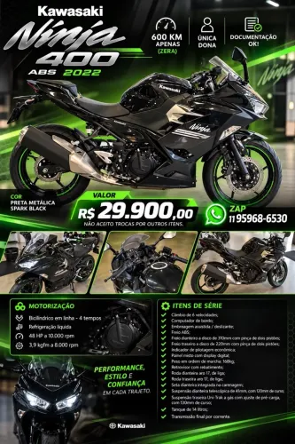 Motocicleta Ninja 400cc / quitada / único dono mulher . 600 km apenas .