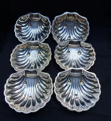 Jogo Antigo com 6 Petisqueiras Concha Metal Prateado / Casquinha de Siri