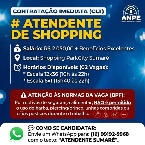 Vaga de Atendente de Shopping - ParkCity Sumaré