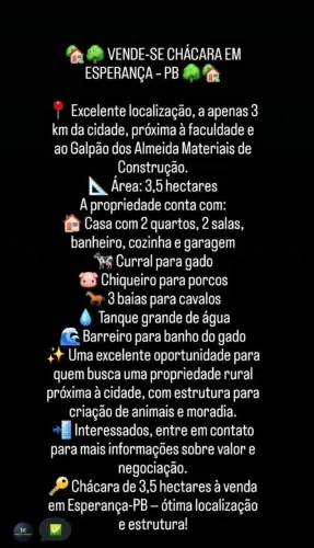 Vende-se chácara na cidade de esperança Pb