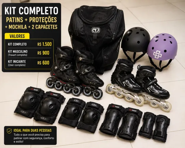 Kit completo patins Traxart + Oxer + mochila + 2 capacetes + proteções