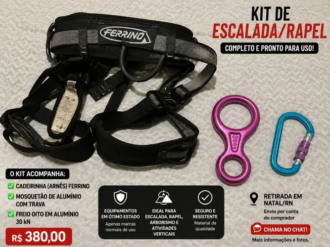 Cadeirinha de Escalada/Ferrata Ferrino + Mosquetão + Freio Oito 30kN
