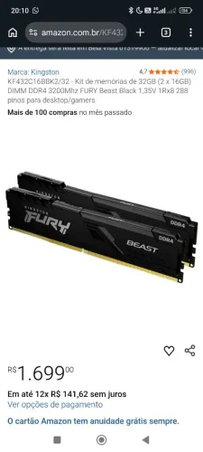 Memória Ram 2x16gb total 32Gb ddr4 3200mhz HyperX Fury
