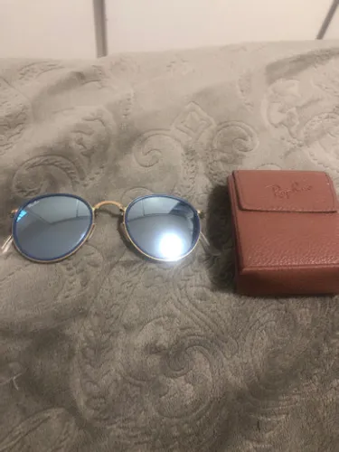 Óculos Ray Ban dobrável - round folding espelhado azul/ dourado