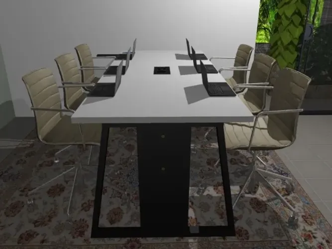 Mesa de Reunião Trapeze. Com tomadas. Em Madeira Maciça: L200cm x P90cm x A74cm