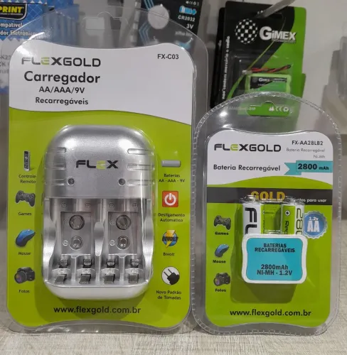 Carregador Flexgold AA/AAA/9V e Pilhas Recarregáveis