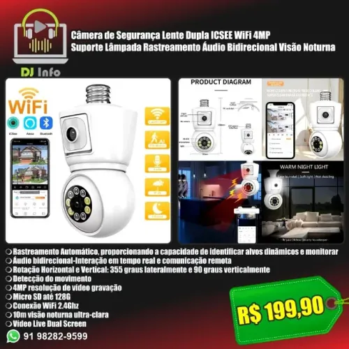 Câmera de Segurança Lente Dupla ICSEE WiFi 4MP Suporte Lâmpada Rastreamento Áudio