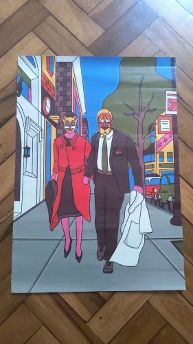 Ilustração/pôster com cena de Breakfast at Tiffany's