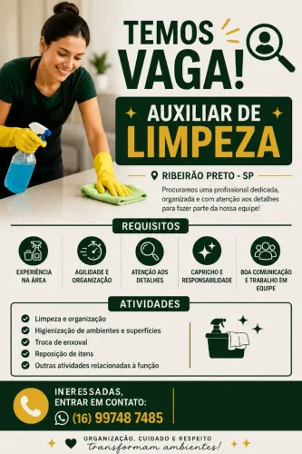 Vaga na área da limpeza. 
