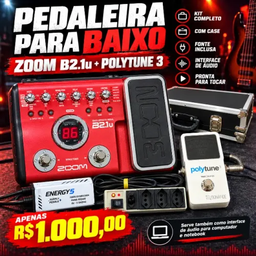 Pedaleira para Baixo Zoom B2.1u + Afinador PolyTune 3 + Case e Fonte