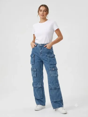 Calça Jeans Cargo Com Bolsos Laterais Utilitária Larga Confortável
