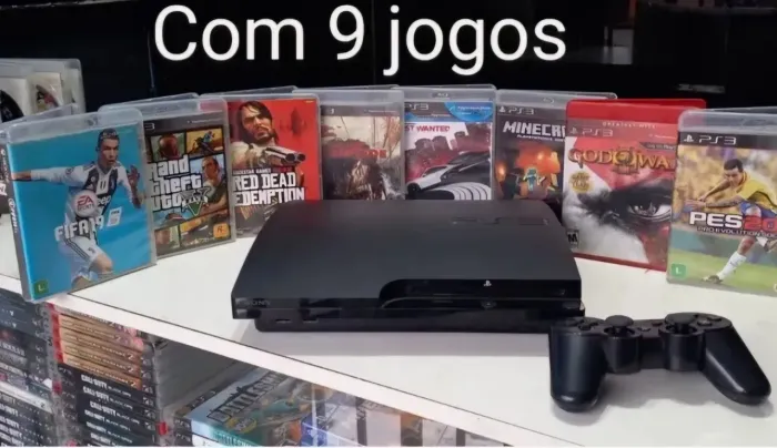 Playstation PS3 Slim com 9 jogos e dois controles