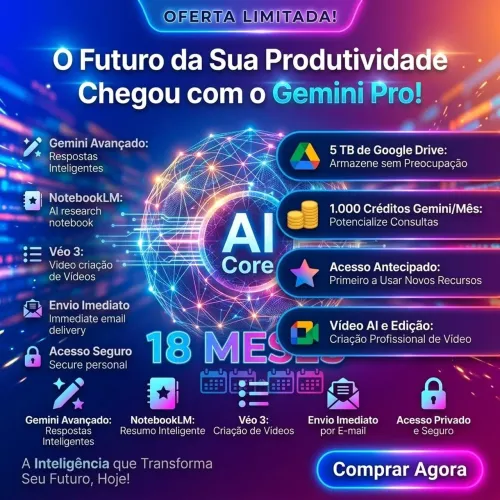 50 Reais Inteligência Artificial Gemini Pro 18 meses mais 5 Tb no Google Drive