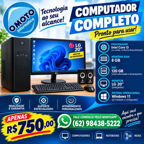 Vendo PC completo core i3, 8gb, ssd 120,Win 11, office, teclado e mouse wifi mon 20 pol