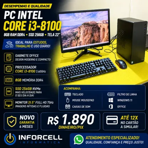 Computador Pc Completo Intel Core i3-8100 8gb Ram Ddr4 Ssd 256gb Tela 22