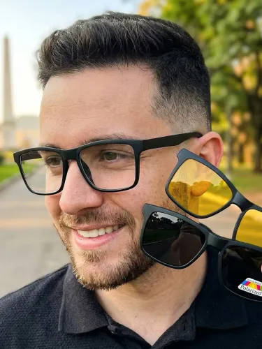 Armação de Óculos e Clip On Solar 3 em 1 preto e amarelo masculino Clip Polarizado