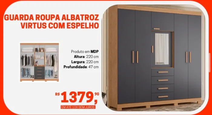 Guarda-Roupa Albatroz Virtus com Espelho - MDP - Novo!