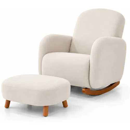 Poltrona Balanço Luxo Orgânica Boucle Bege ou Cinza com Puff para Sala Moderna