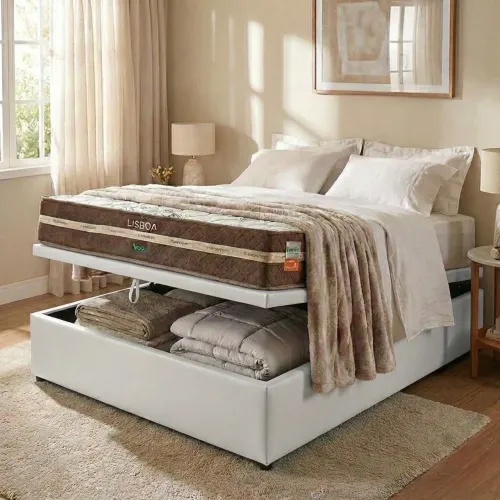 Colchão Casal Molas Ensacadas + Base Box Baú Corino Branco Alto Nível tt87
