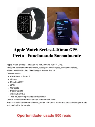 Apple Watch Series 4 40mm GPS - Preto - Funcionando Normalmente