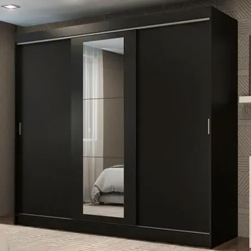 Guarda-Roupa Casal Madesa Kansas 3 Portas de Correr com Espelho 3 Gavetas Preto Cor:Preto