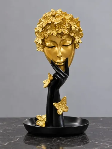Escultura Decorativa Rosto Feminino Dourado com Flores e Borboletas