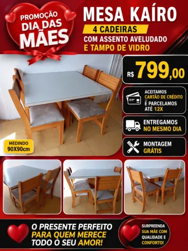 Mesa 4 cadeiras Cairo viero base Mdf tampo de vidro , assento de veludo cor off white 