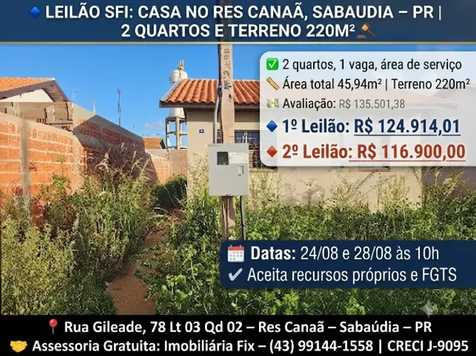 LEILÃO SFI: CASA NO RES CANAÃ, SABAUDIA - PR | 2 QUARTOS E TERRENO 220M²