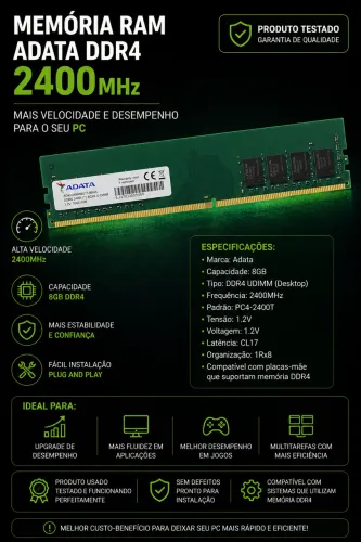 Memória RAM DDR4 8GB 2400MHz ADATA para PC Desktop
