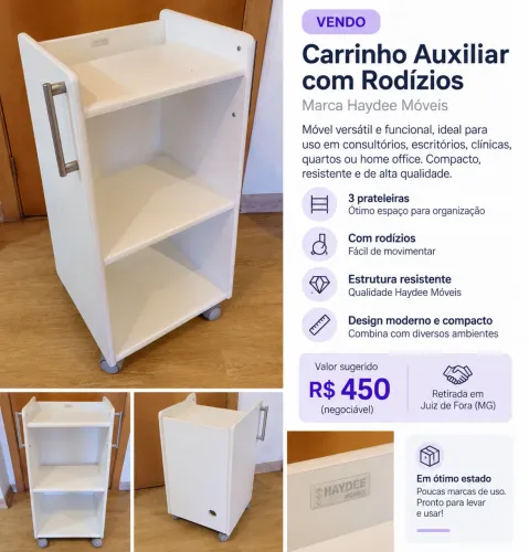 Carrinho Auxiliar Haydee Móveis com Rodízios - 3 Prateleiras