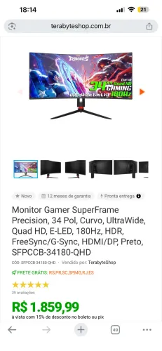 Monitor Superframe UWQHD 34 Curvo 180hz 1ms VA 1440