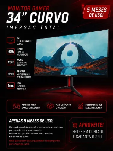 Monitor Gamer Curvo 34" WQHD 165Hz 1ms - Apenas 5 Meses de Uso | Estado de Novo