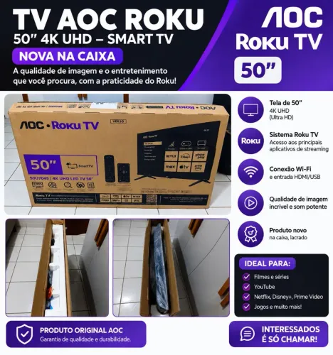 Smart TV AOC Roku TV 50? 4K UHD - Nova na Caixa