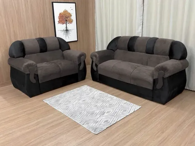 Conjunto Sofá 2 e 3 Lugares Suede Marrom/Preto