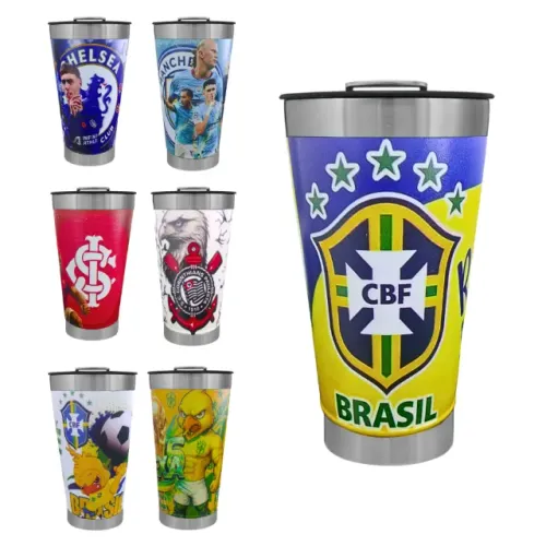 Copo Térmico de Inox 473ml Com Tampa e Abridor Estampa Futebol - Corinthians - Brasil Hexa