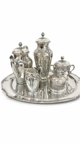 Serviço de Café e Chá Banhado a Prata - Conjunto Completo com 6 Peças e Bandeja Vintage