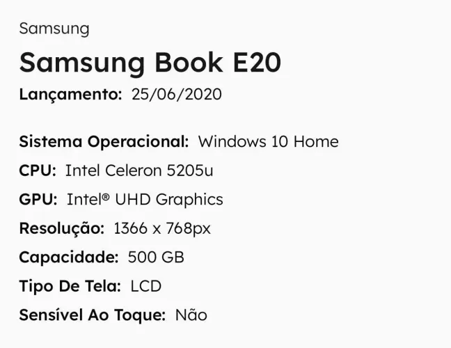 Notebook Samsung Book E20