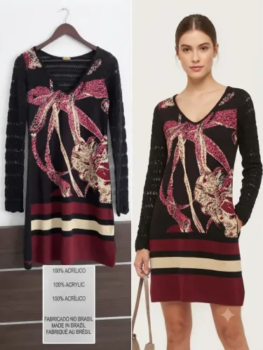 Vestido/Blusão de Tricot Feminino com Estampa Floral e Mangas Trabalhadas
