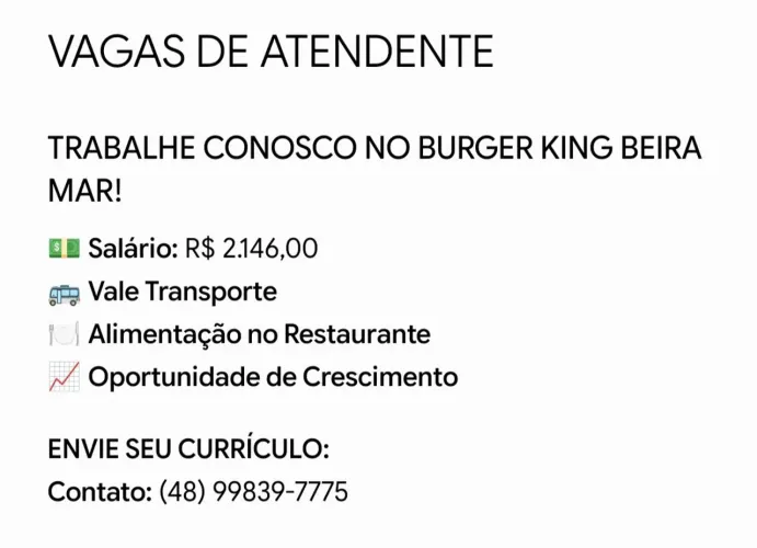 VAGA ATENDENTE BEIRA MAR