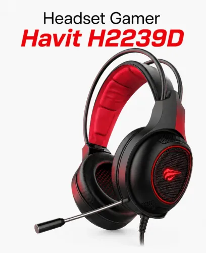 Headset Gamer Havit H2239D, LED Vermelho, USB e P2, Drivers 40mm, Preto (produto novo)