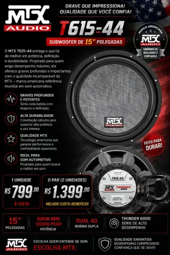 Subwoofer MTX de 12"(250 RMS e 400rms) e 15"(500rms)