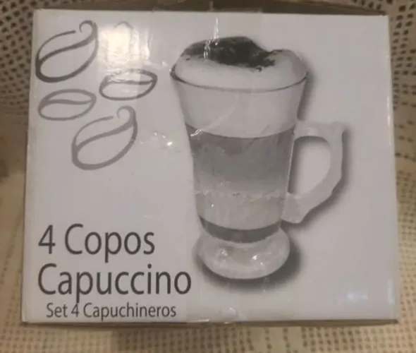 4 canecas capuccino em vidro trabalhado com desenho de flores