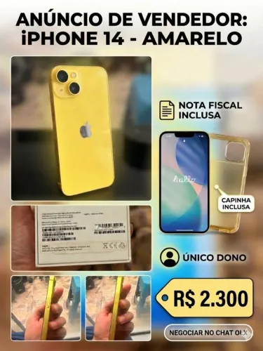 ?iPhone 14 Amarelo 128GB - Na Caixa + Nota Fiscal + Capinha (Único Dono)