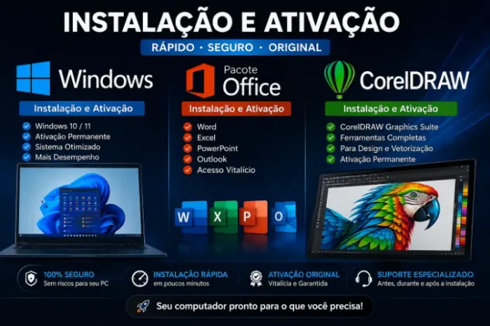 Windows, Pacote office, CorelDraw Serviços e Suporte pra Home office residência escritório